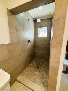 a bathroom with a shower with a glass door at Good Hope Farm in Sunland