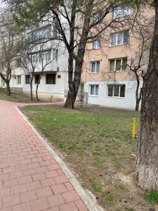 a brick sidewalk in front of a building with trees at Escape Aparthotel in Suceava