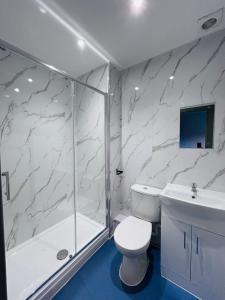 ein Badezimmer mit Dusche, Toilette und Waschbecken in der Unterkunft Mammut House in Liverpool
