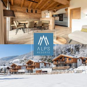 un collage de fotos de una casa con cocina y una casa en Tauernlodges Uttendorf by ALPS RESORTS, en Uttendorf