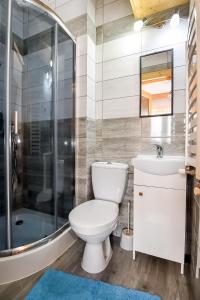 a bathroom with a toilet and a shower and a sink at U Gronikowskich in Zakopane