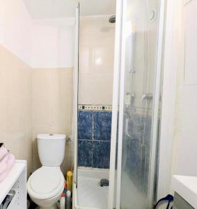 une salle de bain avec toilettes et douche dans l'établissement Appart calme et confortable Père Lachaise, à Paris