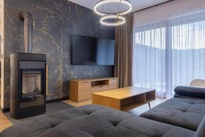 ein Wohnzimmer mit Couch und Kamin in der Unterkunft Przestrony apartament z trzema sypialniami - jacuzzi i parking, kącik zabaw dla dzieci w cenie - świetny wybór dla rodzin lub grupy znajomych in Szczawnica