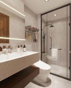 a bathroom with a sink and a toilet and a shower at Splendid Star Boutique Hotel in Hanoi +29 photos