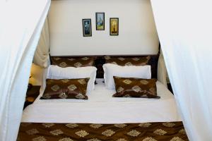 焦特布尔White Rabbit的一张配有棕色和白色床单及枕头的床