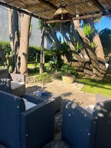 a patio with blue chairs and a table and trees at Terra Di Mare in Vignacastrisi