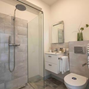 a bathroom with a shower and a toilet and a sink at Renovated Suite With Kitchen Access And Bathroom in Raamsdonksveer