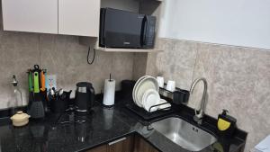 a kitchen counter with a sink and a microwave at Monoambiente en sopocachi in La Paz +2 photos