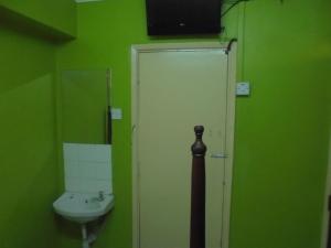 - une salle de bains verte avec lavabo et porte dans l'établissement New Swanga, à Nairobi