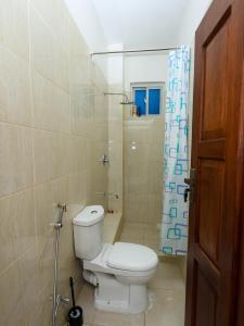 a bathroom with a toilet and a shower at Cosy 2 Bedroom at Ganjoni near the landmark site at Pembe za Ndovu - Elephant Task in Mombasa