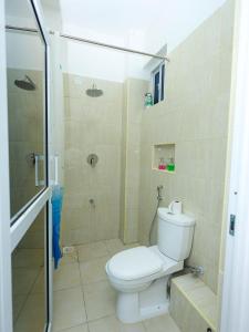 a bathroom with a toilet and a shower at Cosy 2 Bedroom at Ganjoni near the landmark site at Pembe za Ndovu - Elephant Task in Mombasa +41 photos