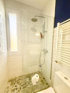 ein Badezimmer mit Dusche und einer Toilettenpapierrolle in der Unterkunft Metro Legazpi 03 AMCH Hospedaje in Madrid