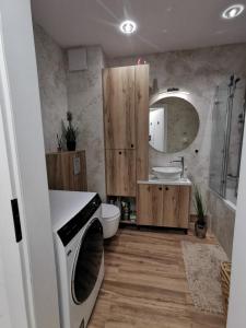 アウグストゥフにあるApartament pod modrzewiemのトイレ、洗面台、鏡を備えたバスルーム