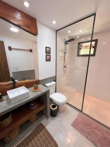 a bathroom with a shower and a toilet at Studio ideal para casais, ecológico na natureza in Marau