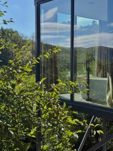 a bathroom with a window with a view of the mountains at Nest House in Dubova