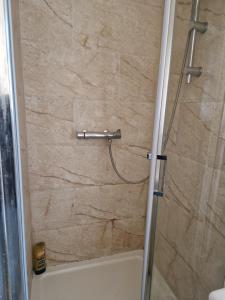 a shower in a bathroom with a glass door at Nest inn luton in Luton