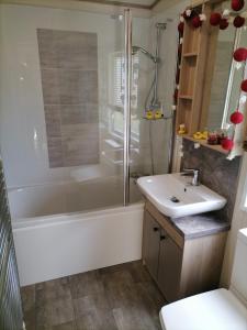 a bathroom with a tub and a sink and a shower at Elmvale - 2 bedrooms with decking sleeps 4 in Hastings