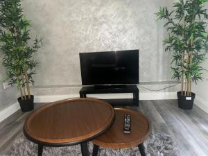 a living room with a table and two plants at Cosy Stay Navan in Navan