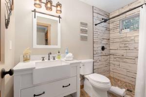 a bathroom with a sink and a toilet and a shower at New The Pine Getaway Lots of Room Hot Tub Views in Conifer +33 photos