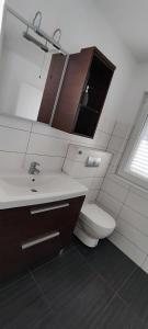 a bathroom with a toilet and a sink and a mirror at Apartmany Tisno Perica in Tisno