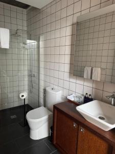 Un baño con inodoro, lavabo y espejo. en Casa Maramar, en Angra do Heroísmo