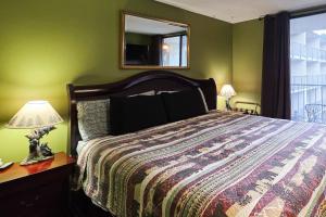 Un dormitorio con una cama y un espejo en la pared. en Presleys Place, en Gatlinburg