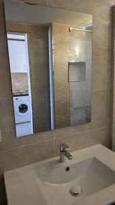 a bathroom sink with a mirror and a washing machine at Appartamento MISTERHOLIDAY RIVALTA in Costa de Antigua
