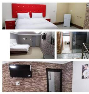 two pictures of a bedroom with a bed and a tv at Nice Luxury Homes in Nelspruit
