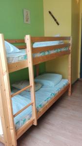 Ce lit se trouve dans un dortoir doté de 2 lits superposés et d'un mur vert. dans l'établissement Maison familiale idéale pour vacances, à Saint-Georges-dʼOléron