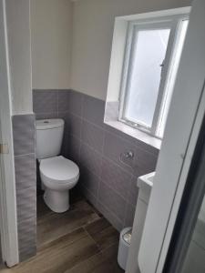 a bathroom with a toilet and a window at Adare House Newbridge in Newbridge +9 photos