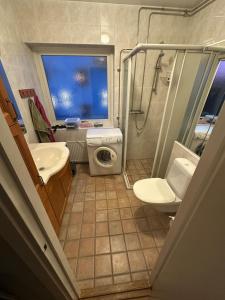 a bathroom with a shower sink and a toilet at Central accommodation in Umeå