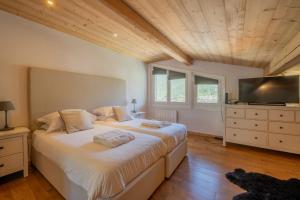 een slaapkamer met een groot bed en een televisie bij Combe Humbert Apartment - Snow and Trek- Morzine in Morzine