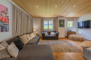 een woonkamer met een bank en een tv bij Combe Humbert Apartment - Snow and Trek- Morzine in Morzine