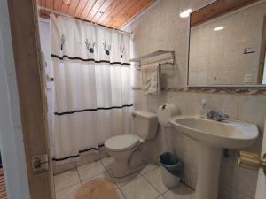 a bathroom with a toilet and a sink at Hostal Casa Familia in Santa Cruz