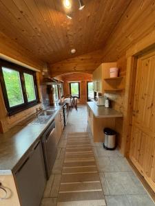 a kitchen in a log cabin with wooden ceilings at Brynmeini Lake Lodge in Glogue Station