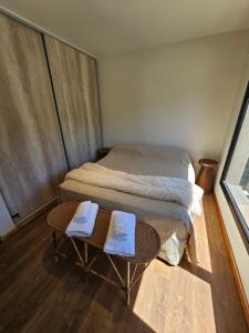 a small room with a bed with towels on it at ANDES Apartments - PATAGONIA in San Martín de los Andes