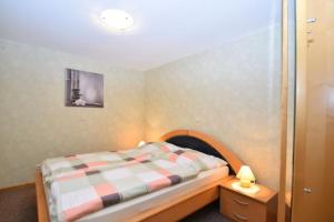 a small bedroom with a bed with a fireplace at Ferienhof Meisdorf - Brückenwohnung in Meisdorf