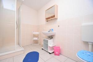 a bathroom with a sink and a toilet and a shower at Ferienhof Meisdorf - Brückenwohnung in Meisdorf