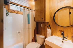 Pine CoveにあるThe Dusk House - An Idyllwild A-Frameのトイレ、シャワー、洗面台を備えたバスルーム +28枚の写真