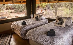twee bedden in een kamer met een groot raam bij NIANI tented Chalet in Hoedspruit