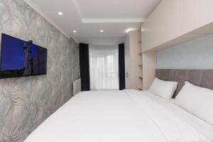 een slaapkamer met een groot bed en een tv aan de muur bij Apartament Centru Chisinau in Chişinău