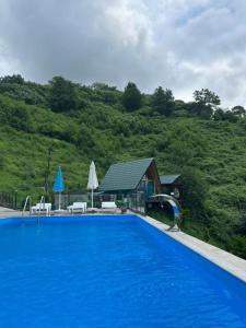 Una gran piscina azul frente a una casa en Silent Hill, en Batumi