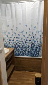 a bathroom with a shower curtain and a sink at Appartement 3 pieces 6 personnes, 2 chambres, avec piscine l'été et au pied des pistes l'hiver in Arvieux