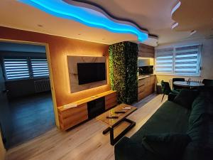 a living room with a couch and a flat screen tv at Princ lux spa with sauna and jacuzzi in Novi Sad