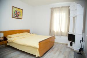 a bedroom with a large bed and a fireplace at FAMILY GUEST HOUSE Nikola 