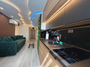 a living room with a couch and a kitchen at Princ lux spa with sauna and jacuzzi in Novi Sad