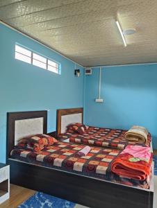 deux lits dans une chambre aux murs bleus dans l'établissement DADA TOURIST COTTAGE & Camping site, à Cherrapunji
