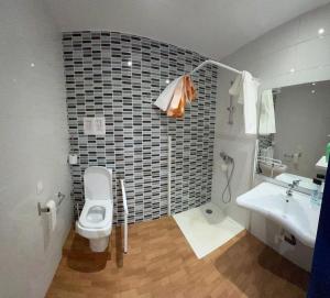 a bathroom with a white toilet and a sink at Hego Haize Albergue Hostel in Zarautz