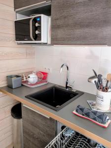 a kitchen counter with a sink and a microwave at Cosy Suite chalet in Valloire