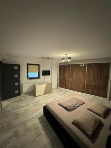 een grote slaapkamer met een bed en een televisie bij Madona Apartment in Craiova